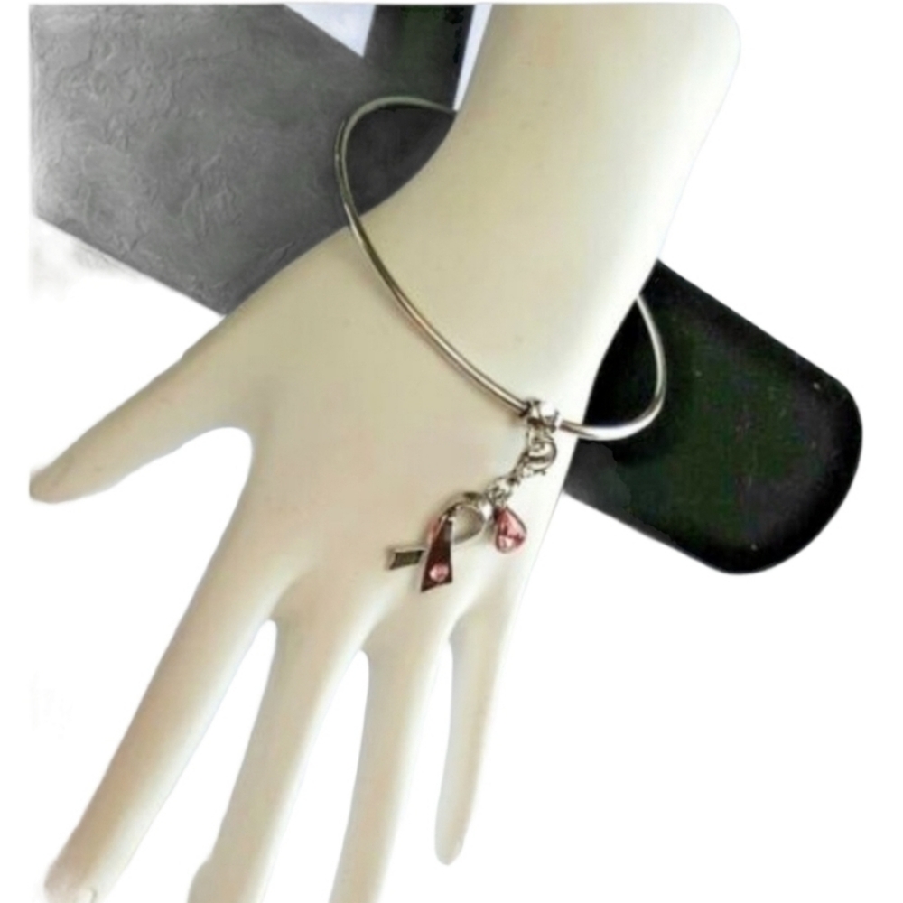 Breast Cancer Awareness Charm Bracelet Silver with Swarocki crystal Pink *